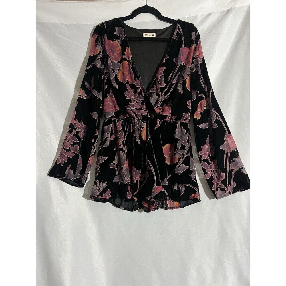 Tris Design Romper Women’s L Black Velvet Burnout Floral Bell Sleeve Ruffles